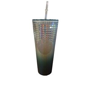 Starbucks Tumbler Gridded Seafoam Green Gradient 24oz Cold Cup With Straw